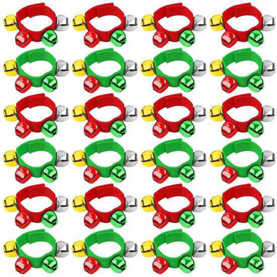Picture of Augshy Christmas Wrist Bells Bracelets, 24Pcs Wrist Band Jingle Bells with Red Green Gold Silver Bells, Musical Instruments Adjustable Hand Ankle Bells for Christmas Gifts Kids Party Favor Toys