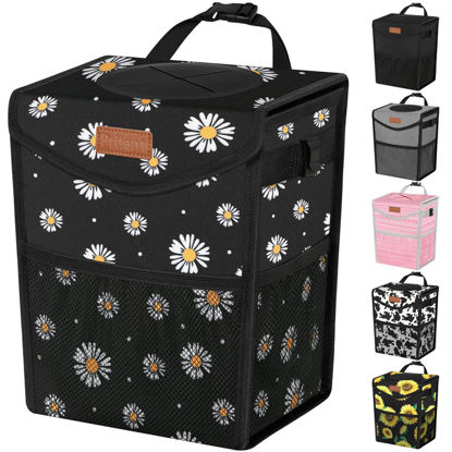 Picture of Pritent Car Trash Can with Lid, Cute Leakproof Car Trash Garbage Bag Hanging Vehicle Trash Bin Small Portable Automotive Garbage Cans Organizer for Back/Front Seat/Console(2.8 Gallons,Black Flower)