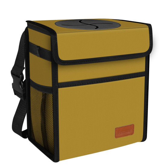 Picture of Femuar Car Trash Can Leak Proof Car Trash Bag Waterproof Car Garbage Can with Lid for SUV Front Seat Multipurpose Car Hanging for Headrest Collapsible and Portable with Storage Mesh Pocket, Khaki