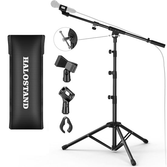 Picture of Microphone Stand, Floor Foldable Mic Stand, Tripod Boom Arm with 2 Mic Clips and Carrying Bag, Mic Mount for Singing Karaoke Stage Halostand HLS07