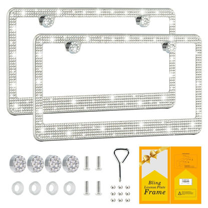 Picture of FIISFIIS Bling License Plate Frame for Women,2 Pack Premium Stainless Steel Rhinestone Car License Plate Holder,Handmade Glitter Crystal Diamond Girl Lincense Plate Cover,Bedazzled Sparkly Caps-White
