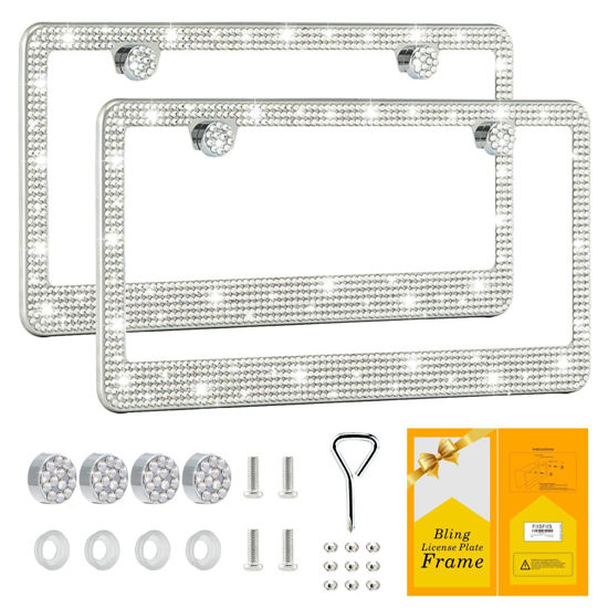 Picture of FIISFIIS Bling License Plate Frame for Women,2 Pack Premium Stainless Steel Rhinestone Car License Plate Holder,Handmade Glitter Crystal Diamond Girl Lincense Plate Cover,Bedazzled Sparkly Caps-White