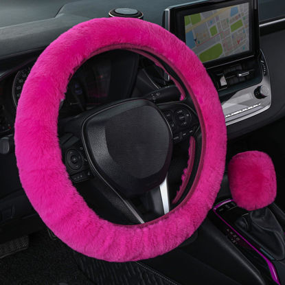 Picture of SEG Direct Furry Car Steering Wheel Cover with Gear Shift Cover, Soft and Warm, Cute Fluffy Auto Decor for Women Men, Standard Size, 2 PCS Set, Magenta