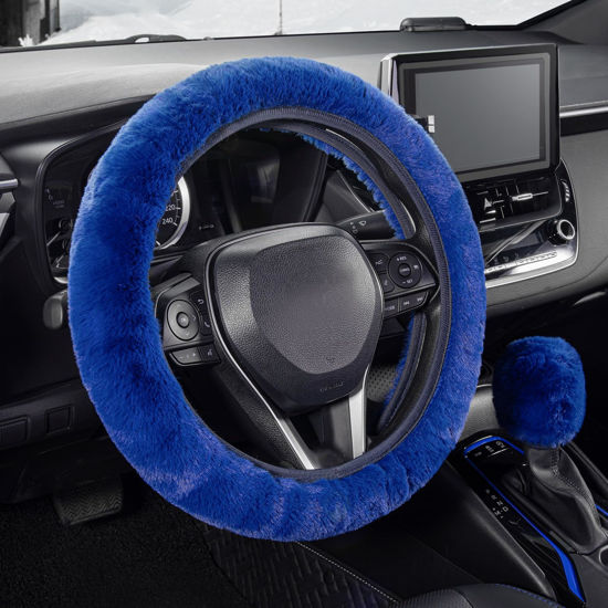 Picture of SEG Direct Furry Car Steering Wheel Cover with Fluffy Gear Shift Cover Soft Warm Non-Slip Car Decoration for Men Women Girls 2 PCS Set, Blue