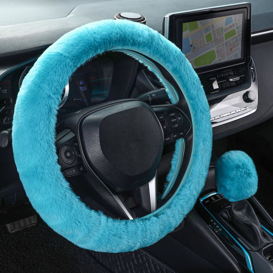 Picture of SEG Direct Furry Car Steering Wheel Cover with Gear Shift Cover, Soft and Warm, Cute Fluffy Auto Decor for Women Men, Standard Size, 2 PCS Set, Cyan