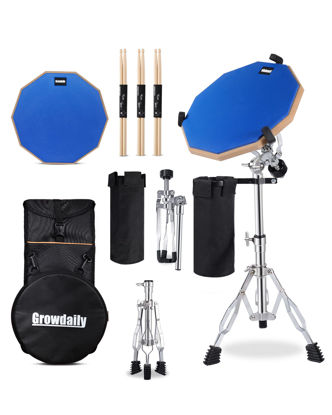 Picture of GrowDaily Drum Practice Pad Snare Drum Stand Set 12 In With Blue Double Sided Silent Drum Pad,Drum Dampeners Gel, Drum sticks,Carrying Bag Adjustable Stand(Fits 10''-14'' Drums) (Blue)
