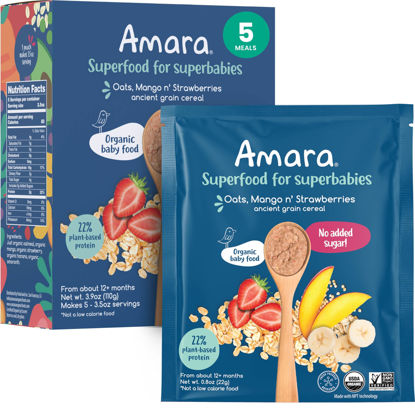 Picture of Amara Organic Baby Food - Stage 3 - Ancient Grain - Baby Cereal to Mix With Breastmilk, Water or Baby Formula - Shelf Stable Baby Food Made from Organic Fruit & Veggies - 5 Pouches, 3.5oz Per Serving