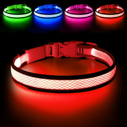 Picture of Flashseen LED Dog Collar, USB Rechargeable Light Up Dog Collar Lights, Adjustable Comfortable Soft Mesh Safety Dog Collar for Small, Medium, Large Dogs(Medium, Ruby Red)