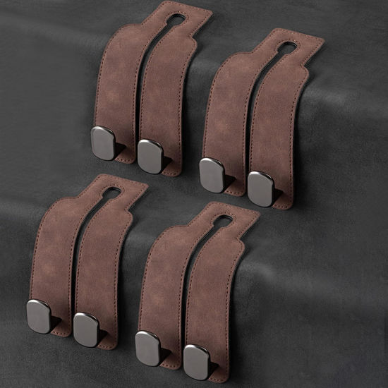 Picture of Amelity Headrest Hooks, Car Seat Back Hooks for Car, Car Seat Back Double Hook Leather, Purses Hooks for Car (Brown-4 Pack)