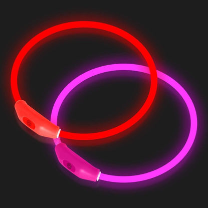 Picture of Novkin 2-Pack LED Dog Collar, Light Up Dog Collars,Rechargeable Dog Lights for Night Walking，Universal, Reusable Safety Necklace for Small Medium Large Dogs RED&Pink