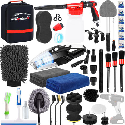 Picture of AUTODECO 40Pcs Car Wash Detailing Kit Cleaning Kits with Foam Gun Sprayer Vacuum with Long Cord Drill Brush Large Wash Mitt Towels Complete Interior Exterior Car Washing Supply Set Black