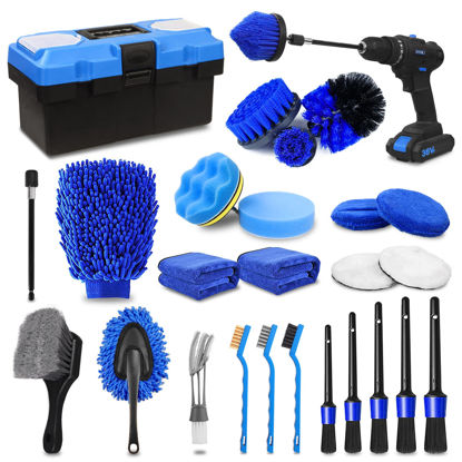 Picture of 27Pcs Car Detailing Kit, Car Detailing Brush Set, Auto Detailing Drill Brush Set, Car Detailing Brushes, Car Wash Kit, Car Accessories, Car Cleaning Tools Kit for Interior, Exterior, Wheels