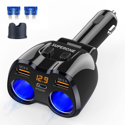 Picture of [2023 Upgraded] Cigarette Lighter Splitter, SUPERONE 180W 2-Socket Cigarette Lighter Adapter with Dual QC3.0 and 20W PD USB C Car Charger Splitter for GPS/Dash Cam/Laptop/iPad/iPhone 16/15/14/13/12/11