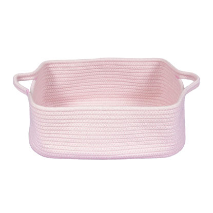 Picture of XUANGUO Woven Cotton Rope Storage Basket with Handles for Organizing Shelves Closet Small Cat Dog Pet Toy Basket Box Bin Decorative Rectangle Baby Nursery basket Gift Basket Empty Light pink