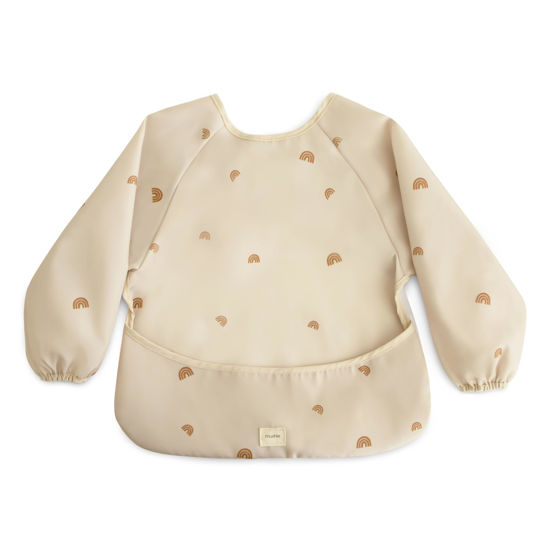 Picture of mushie Long Sleeve Baby Bib | Mess Free & Waterproof Fabric for Toddlers | Adjustable Fit for Ages 6-24 Months (Rainbows)