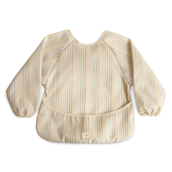 Picture of mushie Long Sleeve Baby Bib | Mess Free & Waterproof Fabric for Toddlers | Adjustable Fit for Ages 6-24 Months (Retro Stripes)