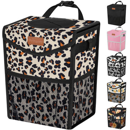 Picture of Pritent Car Trash Can with Lid, Cute Leakproof Car Trash Garbage Bag Hanging Vehicle Trash Bin Small Portable Automotive Garbage Cans Organizer for Back/Front Seat/Console(2.8 gal,Leopard