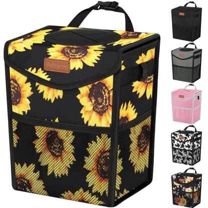 Picture of Pritent Car Trash Can with Lid, Cute Leakproof Car Trash Garbage Bag Hanging Vehicle Trash Bin Small Portable Automotive Garbage Cans Organizer for Back/Front Seat(Trapezoid,Black Sunflower
