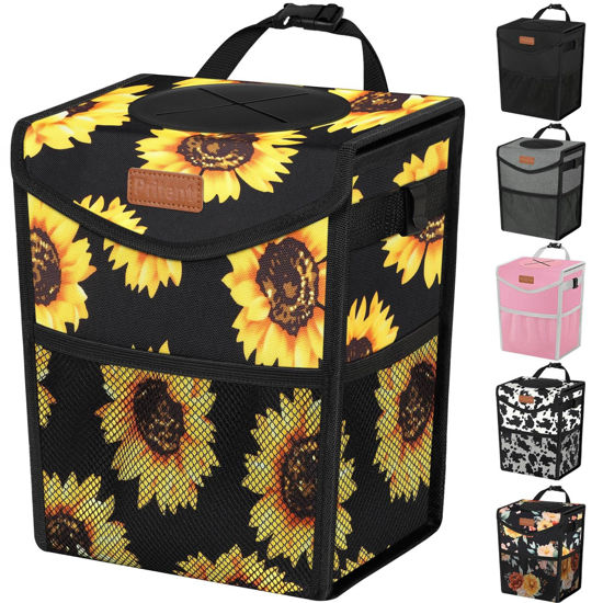Picture of Pritent Car Trash Can with Lid, Cute Leakproof Car Trash Garbage Bag Hanging Vehicle Trash Bin Small Portable Automotive Garbage Cans Organizer for Back/Front Seat(Trapezoid,Black Sunflower