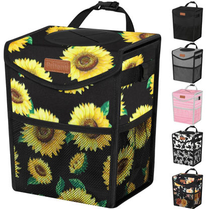 Picture of Pritent Car Trash Can with Lid, Cute Leakproof Car Trash Garbage Bag Hanging Vehicle Trash Bin Small Portable Automotive Garbage Cans Organizer for Back/Front Seat/Console(2.8 Gallons,Sunflower)