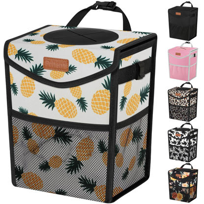 Picture of Pritent Car Trash Can with Lid, Cute Leakproof Car Trash Garbage Bag Hanging Vehicle Trash Bin Small Portable Automotive Garbage Cans Organizer for Back/Front Seat(Trapezoid,Pineapple Print