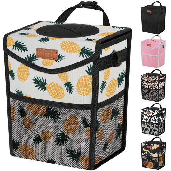 Picture of Pritent Car Trash Can with Lid, Cute Leakproof Car Trash Garbage Bag Hanging Vehicle Trash Bin Small Portable Automotive Garbage Cans Organizer for Back/Front Seat/Console(2.8 gal,Pineapple Print