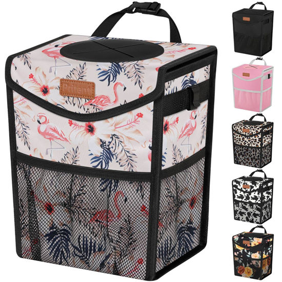 Picture of Pritent Car Trash Can with Lid, Cute Leakproof Car Trash Garbage Bag Hanging Vehicle Trash Bin Small Portable Automotive Garbage Cans Organizer for Back/Front Seat(Trapezoid,Flamingo Print