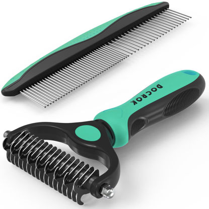 Picture of Docrok Pet Grooming Brush and Metal Comb Combo, Cat Brush Dog Brush for Shedding, Undercoat Rake for Dogs Grooming, Dematting Deshedding Brush Dogs Shedding Tool for Long matted Haired Pets, Green