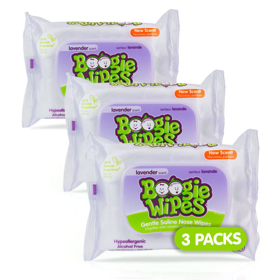 Picture of Saline Nose Wipes by Boogie, for Baby & Kids, Face, Hand & Body, FSA/HSA Eligible, Made with Vitamin E, Aloe, and Natural Saline, Lavender Scent, 30 Count (Pack of 3)