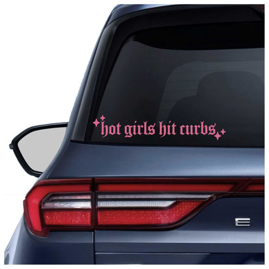 Picture of 2 x Hot Girls Hit Curbs Vinyl Decal Bumper Sticker Water Bottle Car Window Mirror Laptop Holographic Old English Vinyl Decor New Car Decor Women Car Bumper Sticker 7.9 inches