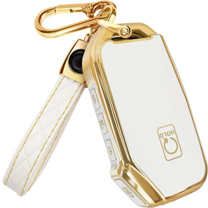 Picture of for Kia Key Fob Cover and Leather Keychain - TPU Key Case for Kia Sportage, Soul, Forte, Telluride, EV6, NIRO, K5, Stinger - 2018-2023 Keyfob Cover - White and Gold