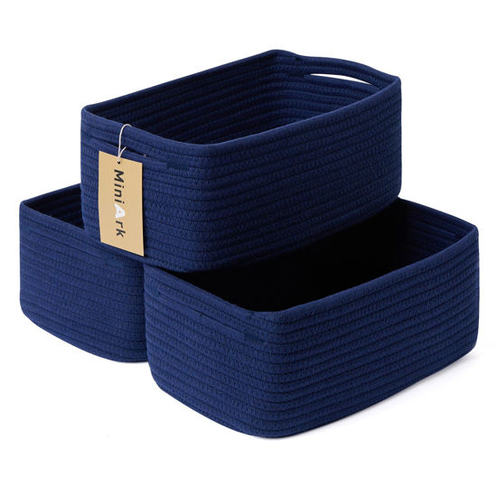 Picture of MiniArk Shelf Storage Baskets for Organizing | Closet Organizer Bins | Small Baskets | Toy Basket | Cute Decorative Basket | Cube Storage Bin | Woven Rope Basket | 13×8.5×5.1” | 3 Packs Navy Blue