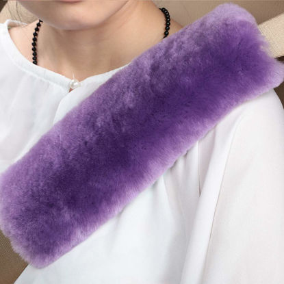 Picture of 2 Pack Natural Fur Comfort Auto Authentic Sheepskin Car Seat Belt Pads for Adults, Soft Texture Shoulder Neck Cushion Pad Protector, Genuine Australia Merino Wool Cover (Light Purple)