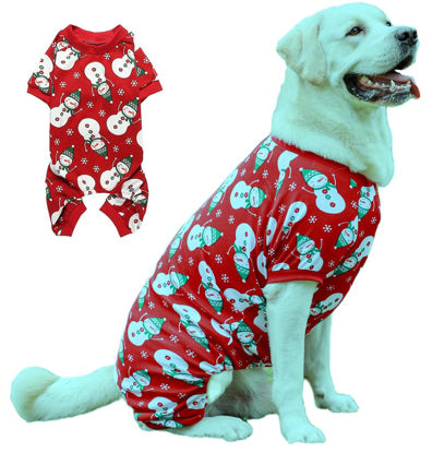 Picture of Lanyarco Snowman Dog Christmas Pajamas Xmas Cotton Pet Jumpshit Christmas Onesie PJS for Large Dogs, Back 23" XLarge Red