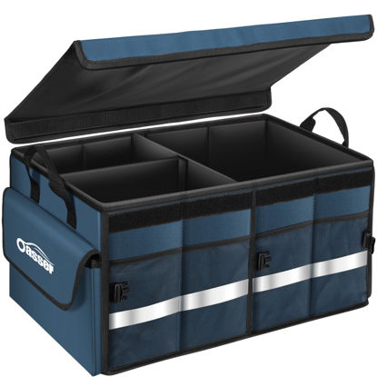 Picture of Oasser Car Trunk Organizer Collapsible Multi Compartments Trunk Organizer for SUV with Foldable Cover Reflective Strip (Standard, Blue)