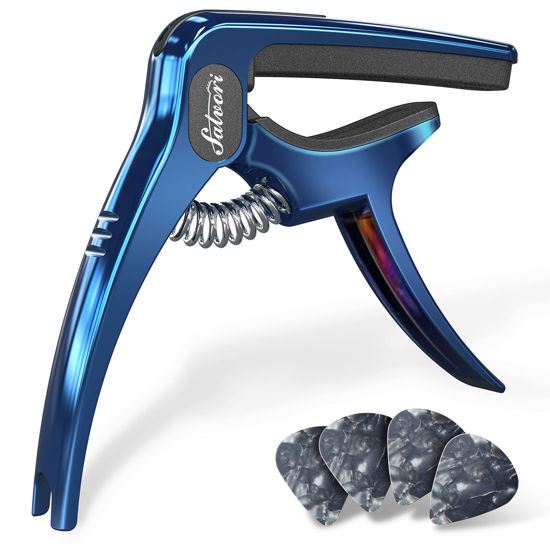 Picture of Salvori Exclusive Gradient 'Blue-Plated' Heavy-Duty Guitar Capo for Acoustic/Electric Guitar with 4 Picks, Guitar Clip/Guitar Clamp/Guitar Accessories for Classical Guitar, Ukulele, Mandolin and Banjo