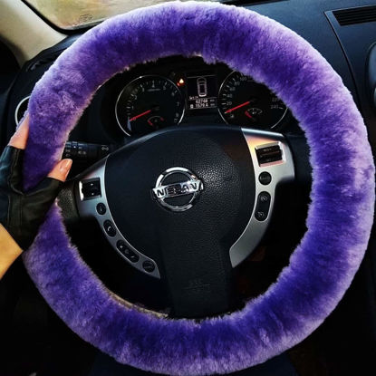 Picture of Genuine Fuzzy Wool Sheepskin Fur car Steering Wheel Cover for Adults Girls Women Men,Protector for Universal Steering Wheel 35CM-41CM, Anti-Slip,Comfort Luxurious, Gift for Women (Light Purple)