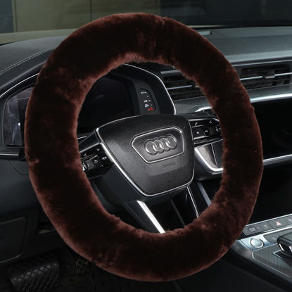 Picture of Fluffy Fur Wool Sheepskin car Steering Wheel Cover, Fuzzy Protector for Universal Steering Wheel 15inch, Anti-Slip,Comforting and Luxurious, Soft Texture (Mocha)