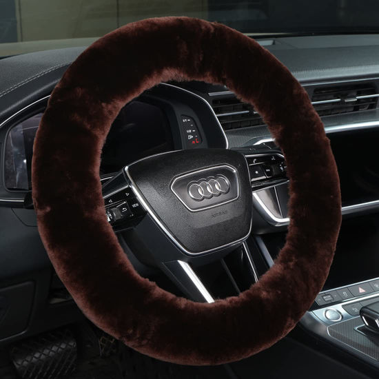 Picture of Fluffy Fur Wool Sheepskin car Steering Wheel Cover, Fuzzy Protector for Universal Steering Wheel 15inch, Anti-Slip,Comforting and Luxurious, Soft Texture (Mocha)