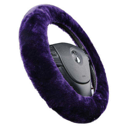 Picture of Furry Fluffy Wool Sheepskin car Steering Wheel Cover for Girls Women Universal car 14 1/2-15 1/2inchs (Lilac)