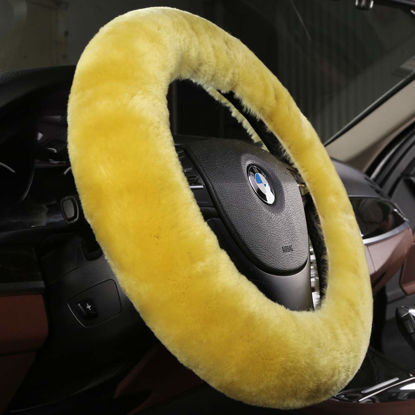 Picture of Furry Wool Sheepskin car Steering Wheel Cover for Girls Women Universal car 14 1/2-15 1/2inchs (Lemon Yellow)