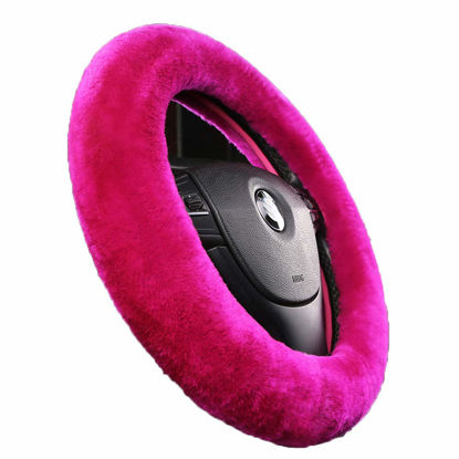 Picture of Fluffy Fur Wool Sheepskin Car Steering Wheel Cover for Woman Universal Auto Fuzzy Steering Wheel 14 1/2 inch-15 1/2inch Protector, Comforting Luxurious Soft (Magenta)