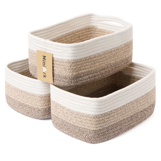 Picture of MiniArk Shelf Storage Baskets for Organizing | Closet Organizer Bins | Small Baskets | Toy Basket | Cute Decorative Basket | Cube Storage Bin | Woven Rope Basket | 13×8.5×5.1” | 3 Packs Gradient Brown