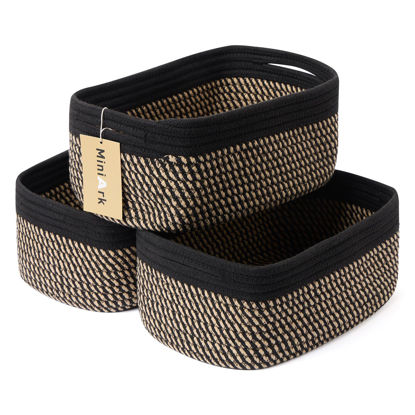 Picture of MiniArk Shelf Storage Baskets for Organizing | Closet Organizer Bins | Small Baskets | Toy Basket | Cute Decorative Basket | Cube Storage Bin | Woven Rope Basket | 13×8.5×5.1” | 3 Packs Black Brown