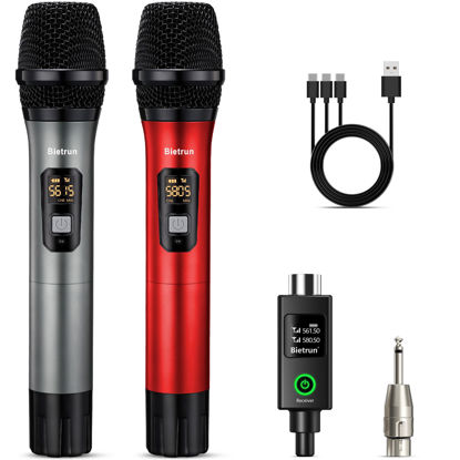 Picture of Bietrun XLR Wireless Microphone, UHF Dual Handheld Dynamic Metal Mic Set with XLR Rechargeable Receiver, XLR to 1/4'' Adapter, for Karaoke, Church, Wedding, Party Singing(160 ft Range)(Auto Connect)