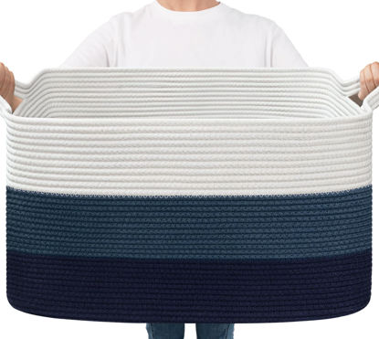 Picture of Goodpick Storaget Basket, 21.6" x 14.9" x 11.8", Toy Storage Basket for Bedroom, Woven Baskets for Storage, Large Basket for Organizing, Rectangle Rope Baskets for Blankets, Blue