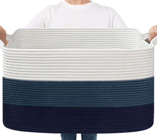 Picture of Goodpick Storaget Basket, 21.6" x 14.9" x 11.8", Toy Storage Basket for Bedroom, Woven Baskets for Storage, Large Basket for Organizing, Rectangle Rope Baskets for Blankets, Blue