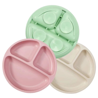 Picture of PandaEar 3 Pack Divided Unbreakable Silicone Baby and Toddler Plates - Non-Slip - Dishwasher and Microwave Safe - Silicone (Pink Green Light Tan)
