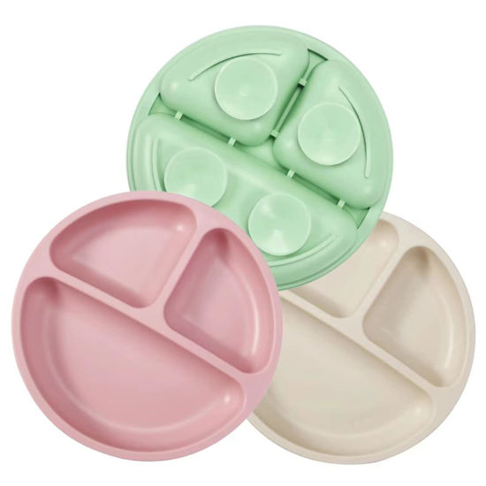 Picture of PandaEar 3 Pack Divided Unbreakable Silicone Baby and Toddler Plates - Non-Slip - Dishwasher and Microwave Safe - Silicone (Pink Green Light Tan)