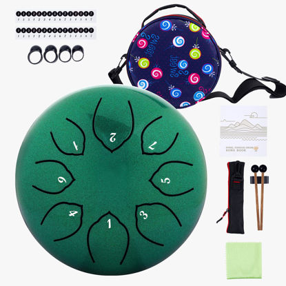 Picture of Steel Tongue Drum Kids Instrument: Musical Metal Tank Drums Set 6 Inch 8 Notes C-Key for Meditation Yoga Education Percussion with Bag, Music Book, Mallets, Finger Picks(Green)